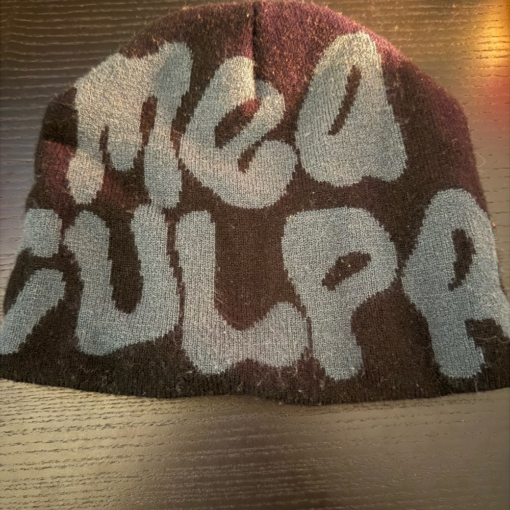 Brown and Gray Beanie with Bold Text